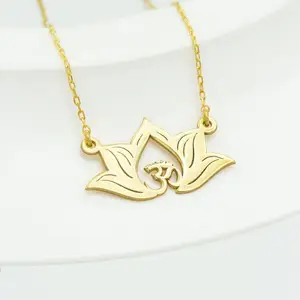 New Design Premium Lotus Flower Jewelry Necklace With Aum Symbol 18k Gold Plated Stainless Steel Meditations Yoga Om Necklace