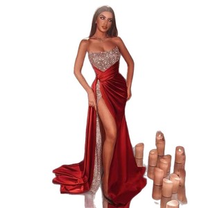 Strapless <b>Sequined</b> Maxi Dress With Slit Empire Waistline Evening Gown <b>Red</b> Blue Green Solid Color Polyester Full Skirt - Product Image 5