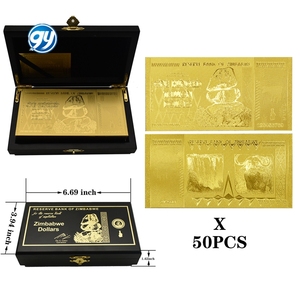 50 banconote <span class=keywords><strong>da</strong></span> cento trilioni di dollari dello Zimbabwe in plastica placcata oro con scatola in legno - Product Image 3