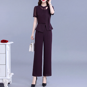 Ensembles 2 pièces pour femmes : Haut asymétrique peplum <span class=keywords><strong>violet</strong></span> foncé et <span class=keywords><strong>pantalon</strong></span> large – Tenue de bureau pour femme active – Nouveautés 2026 - Product Image 1