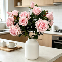 3 têtes de roses artificielles faites à la main, toucher réel, tige en plastique, pour décoration florale de mariage, Saint-Valentin, Fête des Mères, Pâques