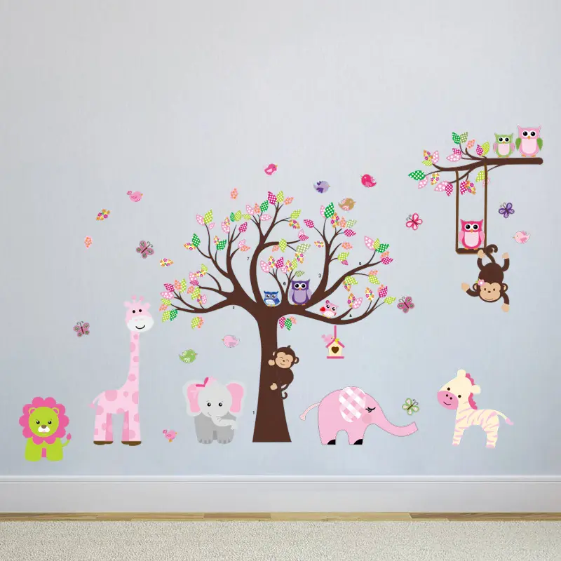 3D Cartoon Jungle wild animal tree bridge lion Giraffe elephant birds flowers wall stickers for kids room living room home decor