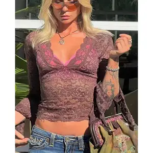 Trendy Lady Tight Flare long sleeve see through blouse Lace neck all match crop top Sex Street Club wear