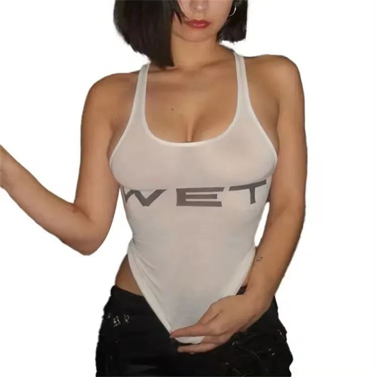Camiseta sin mangas blanca con estampado de letras para mujer, Tops cortos ajustados sin mangas con cuello redondo transparente