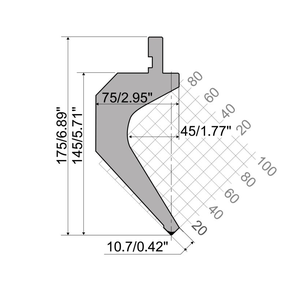 Herramientas de freno de prensa de tipo europeo Altura DE TRABAJO = 145mm/5,71 "A85 ° Radio = 0,8mm/.031", Material = 42CrMo4 Max. Carga = 90Ton/<span class=keywords><strong>MTR</strong></span> - Product Image 1