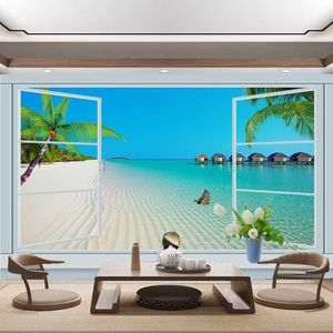 Mural <span class=keywords><strong>de</strong></span> Ventana con Paisaje Costero, Decoración para Sótanos y Hoteles, Papel Tapiz Removible Resistente a la Humedad - Product Image 3