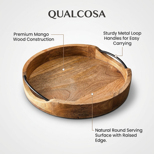 <b>Round</b> Mango Wood <b>Serving</b> <b>Tray</b> with Black Metal Handles – Wholesale Rustic Decorative Wood <b>Tray</b> for Coffee Table, Dining & Home - Product Image 3