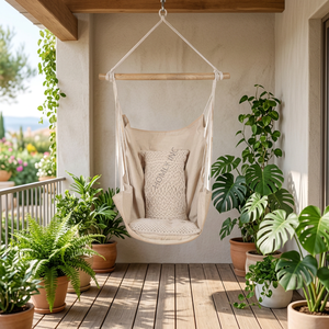 Fauteuil suspendu en coton naturel avec barre en bois, chaise suspendue en macramé, design personnalisé, artisanat d'extérieur - Product Image 2
