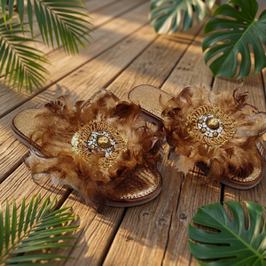 European Beaded Women's Genuine Leather <b>Flats</b> Sandals TPR Sole Crystal Brooch Ethnic Boho Platform Style Natural Upper Spring - Product Image 4