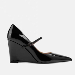 Sandalias de tacón alto con punta en pico y correa central con hebillas para mujer, zapatos de vestir de verano con tacón cubierto y charol, estilo sexy - Product Image 6