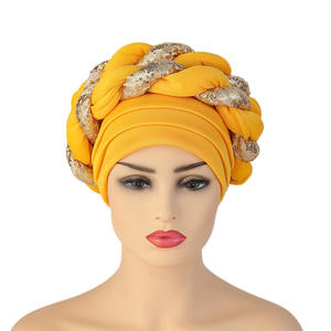 Gorro <span class=keywords><strong>de</strong></span> turbante trenzado musulmán, pañuelos para mujer, sombrero <span class=keywords><strong>de</strong></span> turbante para mujer, pañuelo para la cabeza femenino, turbante africano con lentejuelas - Product Image 6