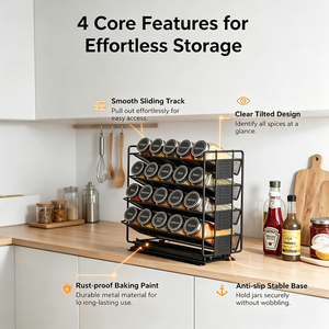 Organisateur d'épices coulissant pour armoire, 4 niveaux, avec 20 bocaux en verre, étiquettes et marqueur, rangement <span class=keywords><strong>de</strong></span> cuisine en métal - Product Image 3