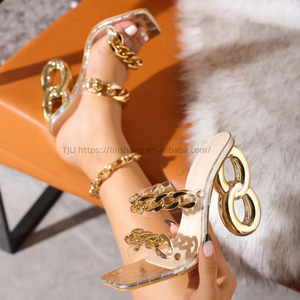 Women's Summer Party Club <b>Shoes</b> Gold CHAIN Mules Sandals Sexy High Square Heel Ankle Strap Strange Style CHAIN Mules Sandals - Product Image 4