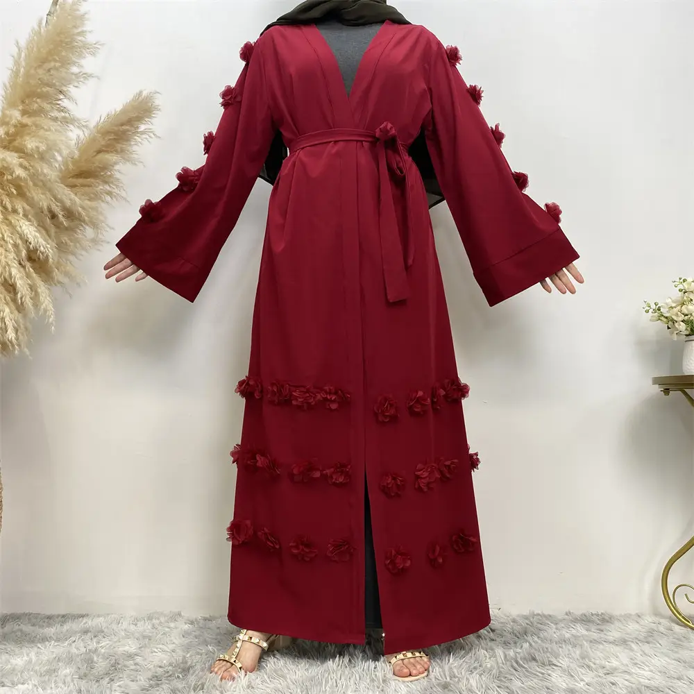 Pretty 3D Flowers Kimono Design Loose Open Abaya Muslim Islamic Daily Party Kaftan Abaya