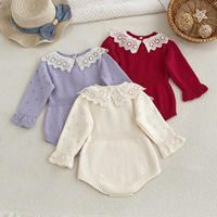 Barboteuse Vintage Tricotée pour Bébé Fille 100% Coton avec Col en Dentelle Broderie Anglaise et Poignets Évasés, Combinaison pour Nouveau-né 66-90, Vêtements de Boutique Automne