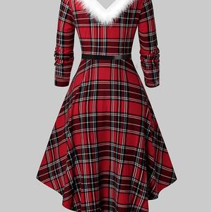 Robe de Noël à carreaux pour femme, col en V, manches longues, avec col en fourrure, longueur midi, pour les fêtes d'hiver et les loisirs - Product Image 5