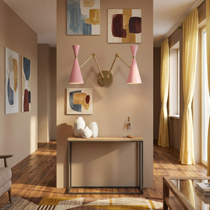 Applique murale moderne du milieu du siècle à 2 bras, abat-jour conique rose, en laiton réglable - Product Image 1