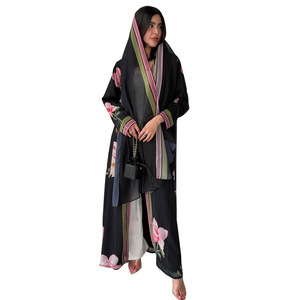 Abaya <span class=keywords><strong>Kimono</strong></span> <span class=keywords><strong>Cardigan</strong></span> Modeste en Chiffon Imprimé à Manches Longues avec Hijab pour Femmes Musulmanes, Vêtement d'extérieur Maxi Ouvert sur le Devant à Motifs Floraux - Product Image 5