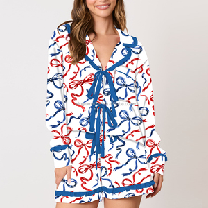Summer Independence Day Red Blue Bow Ribbon Print Long Sleeve Shirt <strong>Shorts</strong> Pajama Set Women - Product Image 1