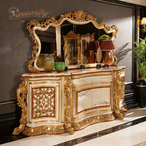 Aparador de Lujo Estilo Europeo Real, Acabado Crema y <span class=keywords><strong>Dorado</strong></span>, Tallado a Mano con Filigrana Dorada, Mueble Buffet de Madera Maciza con <span class=keywords><strong>Espejo</strong></span> para Villa - Product Image 3