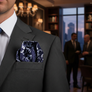 Men's Blue <b>White</b> Flower Pattern Collar <b>Pocket</b> <b>Square</b> Textile One Size - Product Image 3