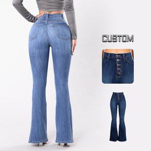 Groothandel Custom Hoge Kwaliteit Zomer Zwaargewicht Gewassen Knoop Jeans Materiaal Flare Broek Womens Denim Femme Denim Denim - Product Image 2