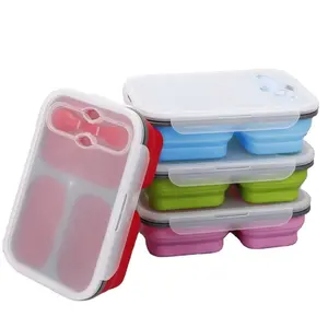 硅胶午餐容器勺子叉硅胶便当盒可折叠食品储存容器，带夹盖
