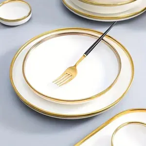 Louça de porcelana luxuosa para jantar, pratos brancos com borda dourada, pratos de cerâmica para casamento, prato de porcelana