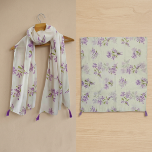 Écharpe en lin polyéthylène à motif floral de style ethnique, châle léger imprimé de fleurs avec pompons pour femme, usage quotidien - Product Image 3