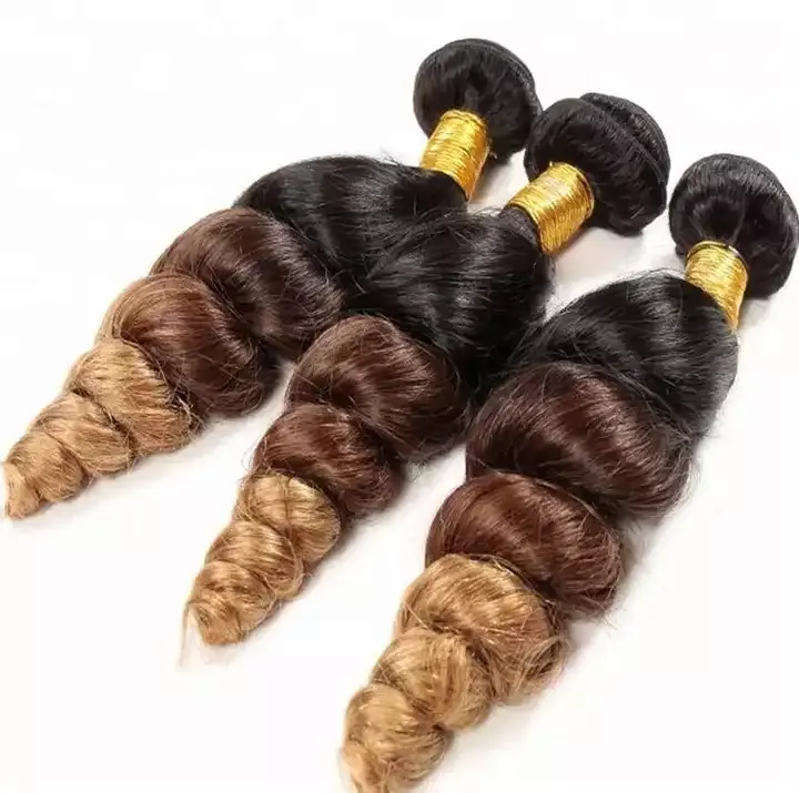 Grosir Bundel Rambut Manusia Remy Virgin Mentah India Kelas 10a 1b 4 27 Jalinan Gelombang Longgar Tiga Warna Rambut Ombre