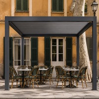 Pergola à lames orientables en aluminium imitation bois, avec capteur de pluie automatique, contrôle par application, éclairage RGB intelligent