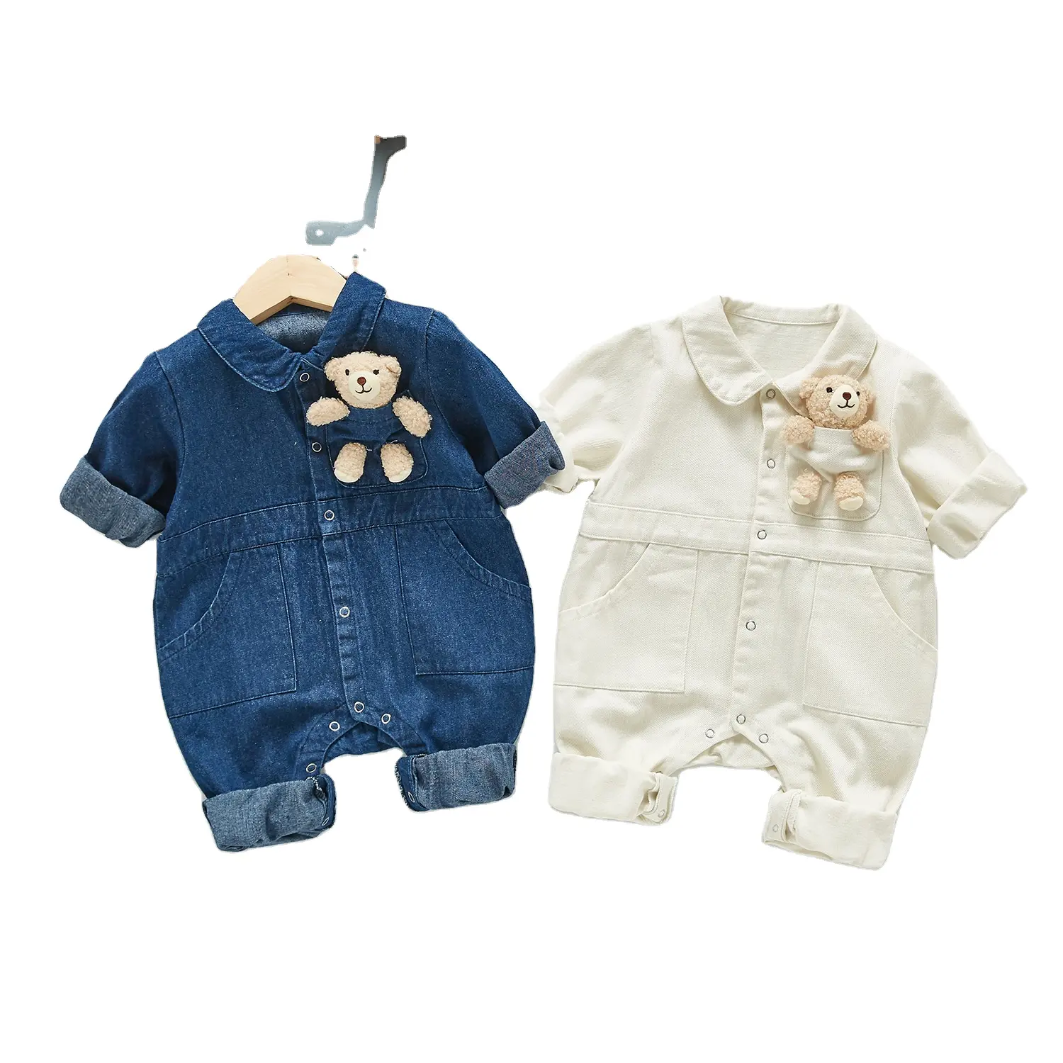 2023 Effen Turn Down Kraag Katoenen Denim Romper Baby Boy Meisjes Onesie Driekwart Mouw Drukknoop Jumpsuit Met Beer Pop