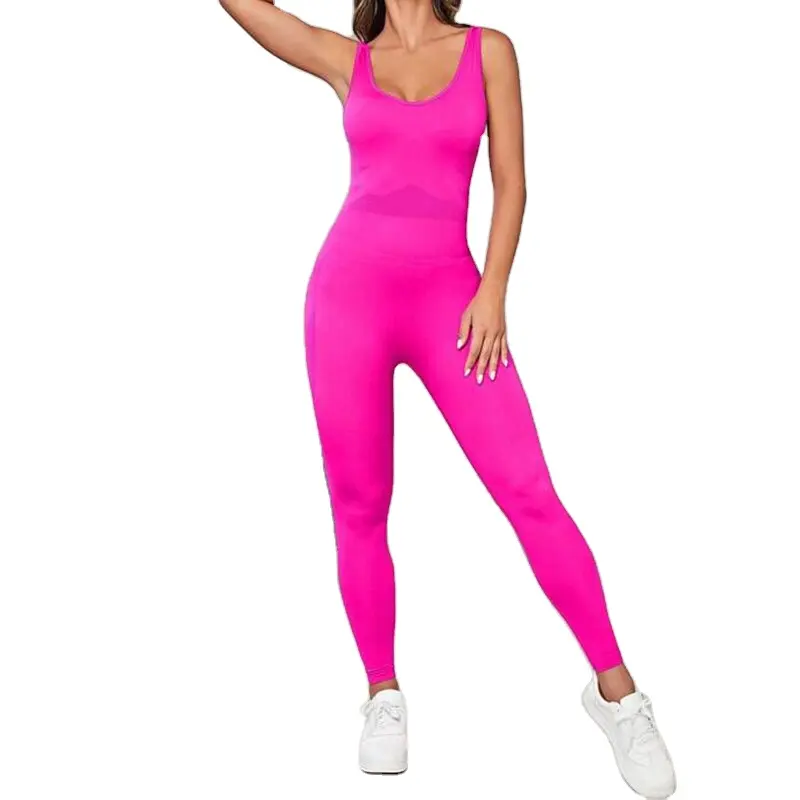 Tanpa lengan Backless leher rendah tinggi pinggang tinggi Bodycon Gym jumpsuit untuk wanita kasual baju monyet aktivitas pelari Bodysuit Backless
