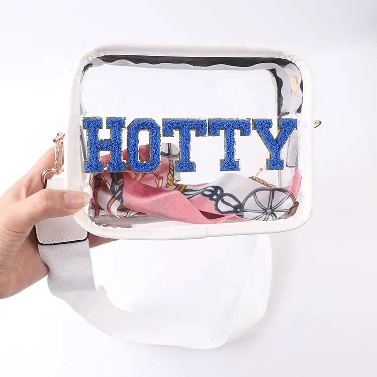 Wholesale clear pvc cylinder stadium crossbody bag monogram stadium approved clear purse with small chenille letters patches DIY