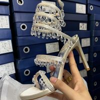 Nouvelles Sandales à Talons Aiguilles Cristal Bout Ouvert Cheville Enlacée Luxe Mode 2022 Talons Spirale