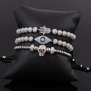 Cho Thuê Trang Sức Thiết Kế Mới Sang Trọng CZ Pave 18 Mạ Vàng Skull Eye Tay Charms Phụ Nữ Đàn Ông Macrame Điều Chỉnh Vòng Đeo Tay - Product Image 4