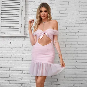 Fashion Clothes Vestido Mini Off Shoulder Classy Dinner Gowns Ladies Pink Mesh Mermaid Dress