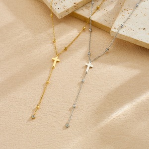 Gold Plated Stainless Steel Cross Pendant Necklace Women Long Beaded Chain Clavicle Chain Everyday Wear - Product Image 3