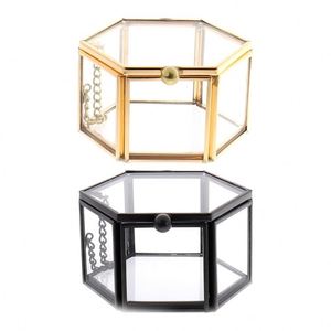 Caja de Joyería de Vidrio y Latón Dorado Estilo Nórdico, Organizador de Escritorio Hexagonal Moderno, Caja Transparente para Adornos, Caja Decorativa de Exhibición para Mesa - Product Image 1