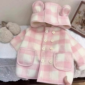 Child Star Circle Girls Plaid Wool Coat Thickening With Hood And Rabbit Ears For Autumn Winter Wear - Product Image 3