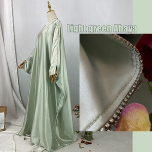 1427#B New Arrival Muslim Women Silver Diamond <b>Cardigan</b> Islamic Clothing Light Shiny Satin Silk Abaya With Split Cuff - Product Image 3