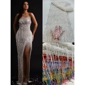 französische Mode handgewebt mehrfarbig mit Pailletten Stickerei Perlen Spitzen Netzstoff für Party Abendkleid