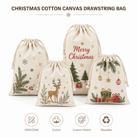 Sac en toile de coton réutilisable et écologique pour Noël, avec cordon de serrage, imprimé personnalisé flocon de neige et renne, pochette cadeau pour fête de Noël