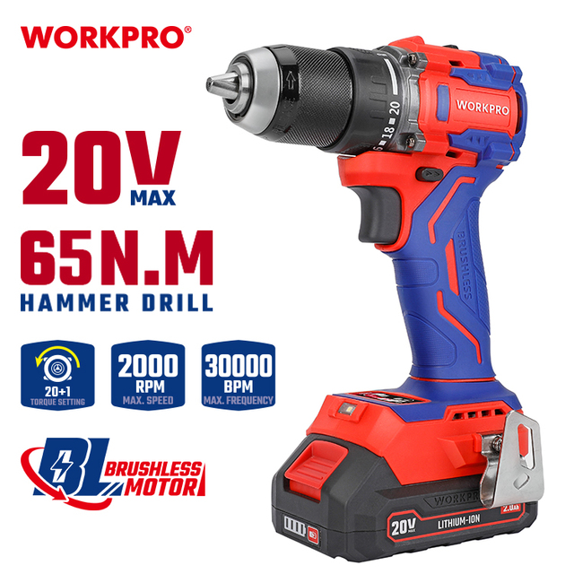 WORKPRO High Quality 20V Brushless Impact Drill Set Mechanical Equipment Tool Pro DIY Lithium Battery