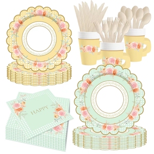 ชุดถ้วยน้ำชา จานรอง กระดาษเช็ดปาก ถ้วยชาและจานรองพร้อมหูจับ สำหรับงานเลี้ยงวันเกิดเจ้าหญิง ตกแต่งงานฉลองวันเกิดเด็ก ลายดอกไม้ - Product Image 1