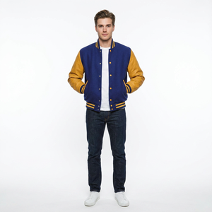 Wegsy Sports Men's Blue Varsity Jacket Wool/Viscose Sleeves Regular Fit <b>Covered</b> <b>Button</b> Closure Solid Color Casual HIGH STREET - Product Image 1