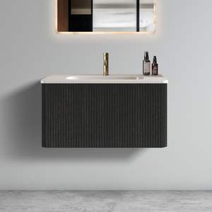 Db U057 Etna30W 30 In Striped Brushed Black Oak <b>Floating</b> Bathroom Vanity With White Ceramic Sink Modern Contemporary Design - Product Image 1