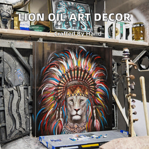 Peinture à l'huile moderne de lion animal peinte à la main, avec coiffe tribale colorée, sur toile, pour décoration murale de salon et de maison - Product Image 1