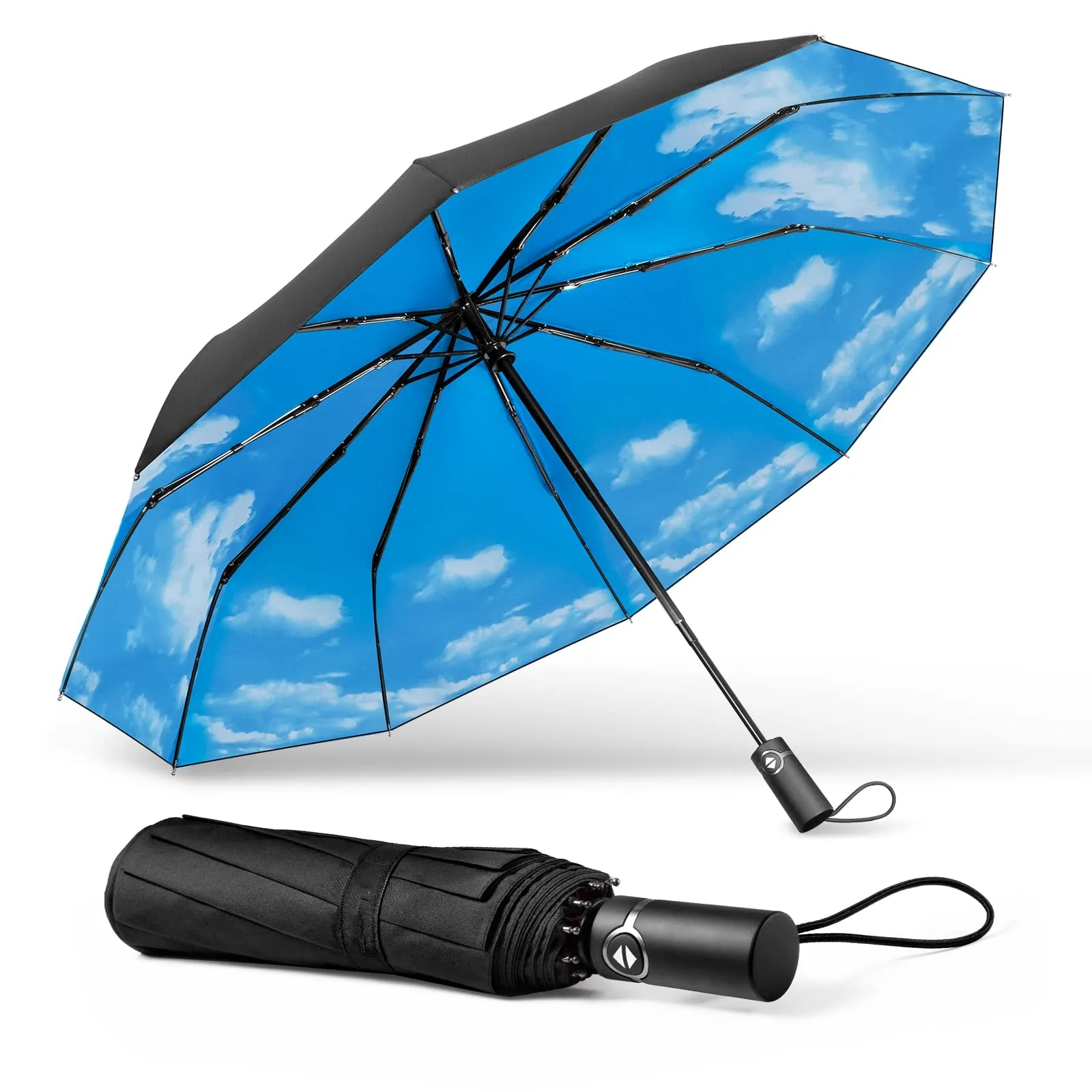 مظلة أوتوماتيكية محمولة للشمس مقاومة للرياح والمطر بـ 3 أضعاف قابلة للطي من فوق سماء زرقاء وسحب بيضاء