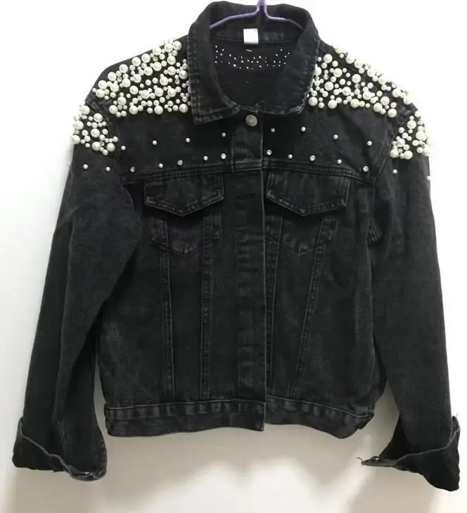 Nueva chaqueta vaquera informal de algodón con un solo pecho para mujer, estilo industrial pesado, moda callejera, Perla/cuentas/Tops/Cuentas de talla grande